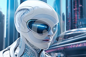 gynoid, a humanoid female android hybrid robot with a female face in a plastic helmet on the background of a futuristic city