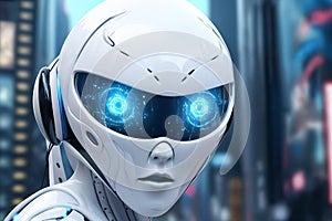 gynoid, a humanoid female android hybrid robot with a female face in a plastic helmet on the background of a futuristic city