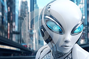 gynoid, a humanoid female android hybrid robot with a female face in a plastic helmet on the background of a futuristic city