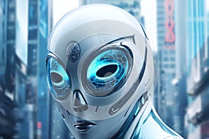 gynoid, a humanoid female android hybrid robot with a female face in a plastic helmet on the background of a futuristic city