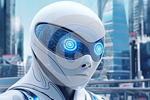 gynoid, a humanoid female android hybrid robot with a female face in a plastic helmet on the background of a futuristic city