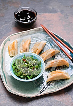 Gyoza dumplings with chuka salad