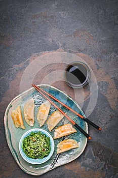 Gyoza dumplings with chuka salad