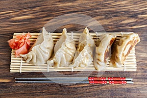 Gyoza. ready for eat. Japanese version of dumplings. Shallow depth of field. Close-up