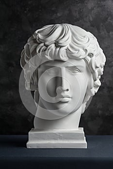 Gypsum copy of ancient statue Antinous head on dark textured background. Plaster sculpture man face. photo