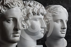 Gypsum copy of ancient statue Apollo, Antinous and Venus head on dark textured background. Plaster sculpture face. photo