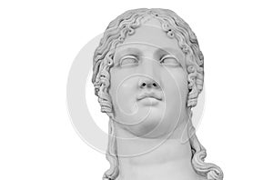 Gypsum copy of ancient statue Helen of Troy isolated on white background. Plaster sculpture woman face