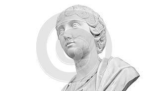 Gypsum copy of ancient statue Roman empress Faustina the younger head isolated on white background. Plaster sculpture