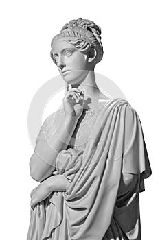 Gypsum copy of ancient statue of thinking young lady isolated on white background. Side view of plaster sculpture woman