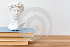 Gypsum copy of David`s head on a bookshelf. Michelangelo`s David plaster copy bust standing on books. Ancient greek