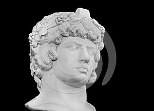 Gypsum copy of famous ancient statue Antinous head isolated on a black background. Plaster antique sculpture young man