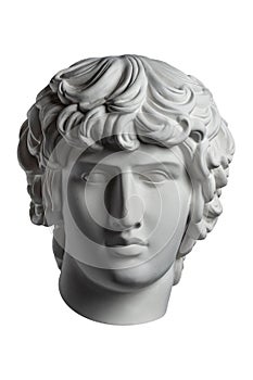 Gypsum copy of famous ancient statue Antinous head isolated on a white background. Plaster antique sculpture young man photo