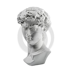 Gypsum statue of David`s head. Michelangelo`s David statue plaster copy isolated on white background. Ancient greek sculpture,