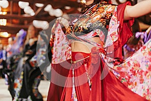 Gypsy dance festival, Woman performing romany dance and folk songs in national clothing. Beautiful roma gypsy girls dancing in