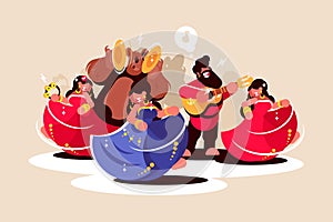 Gypsy ensemble dancing and playing on instruments