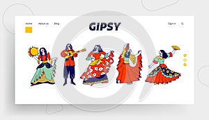 Gypsy Ensemble Dancing and Playing on Musical Instruments Website Landing Page. Romany Man with Guitar and Gipsy