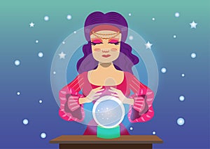 Gypsy fortune teller with crystal ball and a table. Cartoon illustration of woman oracle. Girl, witch predicts fate