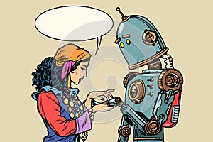 Gypsy fortune teller and robot. Palmistry