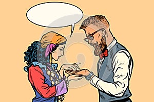 Gypsy palmist and hipster