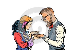 Gypsy palmist and hipster. Isolate on white background