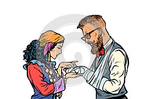 Gypsy palmist and hipster. Patient with plaster and a broken arm