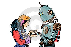 A Gypsy telling fortunes by the hand. The robot wants to know ab