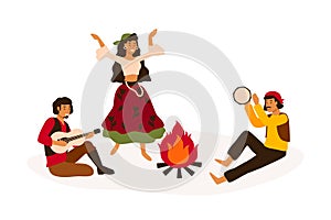 Gypsy traditional entertainment flat vector illustration. Romani people dancing and playing folk musical instruments