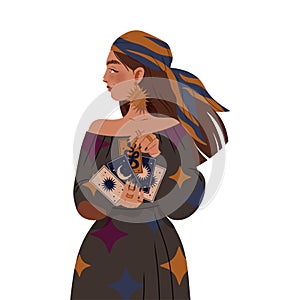Gypsy Woman as Fortune Teller Holding Tarot Cards Predicting Future or Performing Occult Ritual Vector Illustration