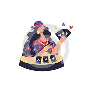 Gypsy woman fortune teller reading future with tarot cards, Gypsies ethnic traditions and culture, vector Romany woman