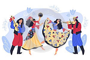 Gypsy women dancing in fluffy long dress and with tambourine, vector Romany men playing guitar, violin and singing