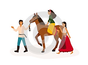 Gypsy youth having fun flat vector illustration. Romany friends, traveling nomads riding horse cartoon characters. Young