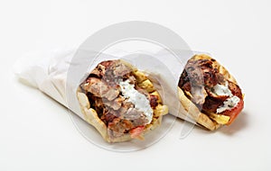 Gyro pita, shawarma, take away, street food. Traditional greek turkish, meat food isolated on white background