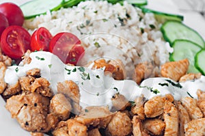 Gyros chicken with rice, tzatziki dressing and vegetables