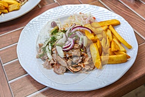 Gyros, Greek dish from sliced meat roasted on a turning spit, served with French fries, coleslaw, tzatziki and onions on a white