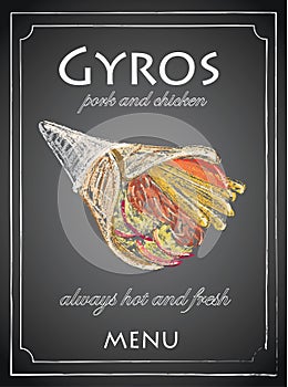 Gyros menu on chalkboard background, vector, illustration. fFreehand. photo