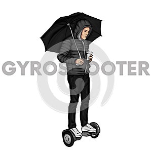 Gyroscope and legs in jeans and sneakers. Vector illustration. Sport and active lifestyle. Gyroscooter. Hoverboard.