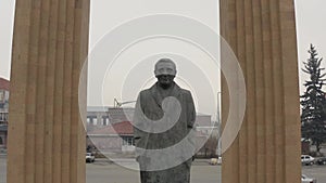 Gyumri, Armenia 15.11.2021 Statue of Charles Aznavour Gyumri aerial footage. Famous French-Armenian singer,