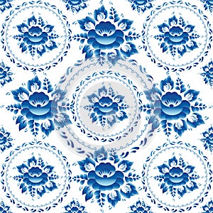 Gzhel Seamless ornament pattern with blue flowers and leaves. Vector