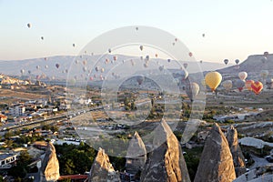 GÃ¶reme, Turkey - 09/18/2009: View from the observation deck of the village of GÃ¶reme on the flight of balloons over the valleys