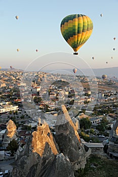 GÃ¶reme, Turkey - 09/18/2009: View from the observation deck of the village of GÃ¶reme on the flight of balloons over the valleys