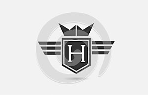H alphabet letter logo icon for company in black and white. Creative badge design with king crown wings and shield for business