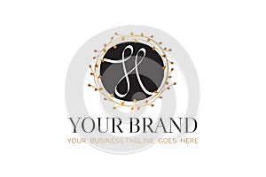 H Initial Letter Black and Gold Floral Hand Drawn Brand Logo