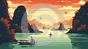 H Long Bay Vietnam on a sunny day - illustration retro style - made with Generative AI tools