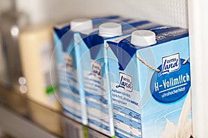 H - Vollmilch unskimmed milk from gutes Land good land stands in a fridge