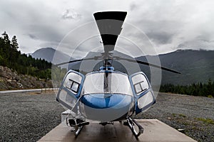 An H125 helicopter at the Green Lake heliport in Whistler, BC