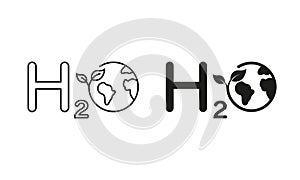 H2O Ecology Line and Silhouette Icon Set. Eco Water Chemistry Formula with Globe and Leaf Symbol Collection on White