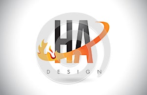 HA H A Letter Logo with Fire Flames Design and Orange Swoosh.
