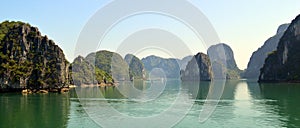 Panorama of the limestone karsts in the early morning Halong Bay Vietnam