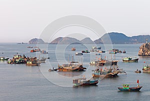 Ha Long Bay. Close up view of fishing harbour pier