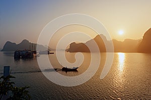 Ha long bay Silhouettes of Rocks and ships Vietnam